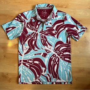 Men’s Oahu Golf Apparel UV Resistant Hawaiian Polo Medium Floral Blue Wine Red